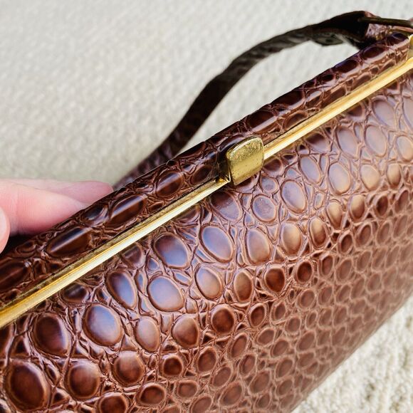 Vintage Lennox Moc Croc Purse Textured Leather Pocketbook Shoulderbag Brown Gold - Picture 5 of 12